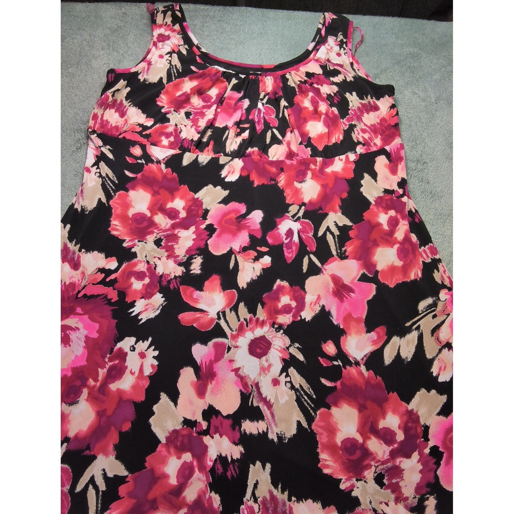 Dressbarn Womens 18 Pink Floral Sleeveless Empire Waist Midi Dress Black Scoop